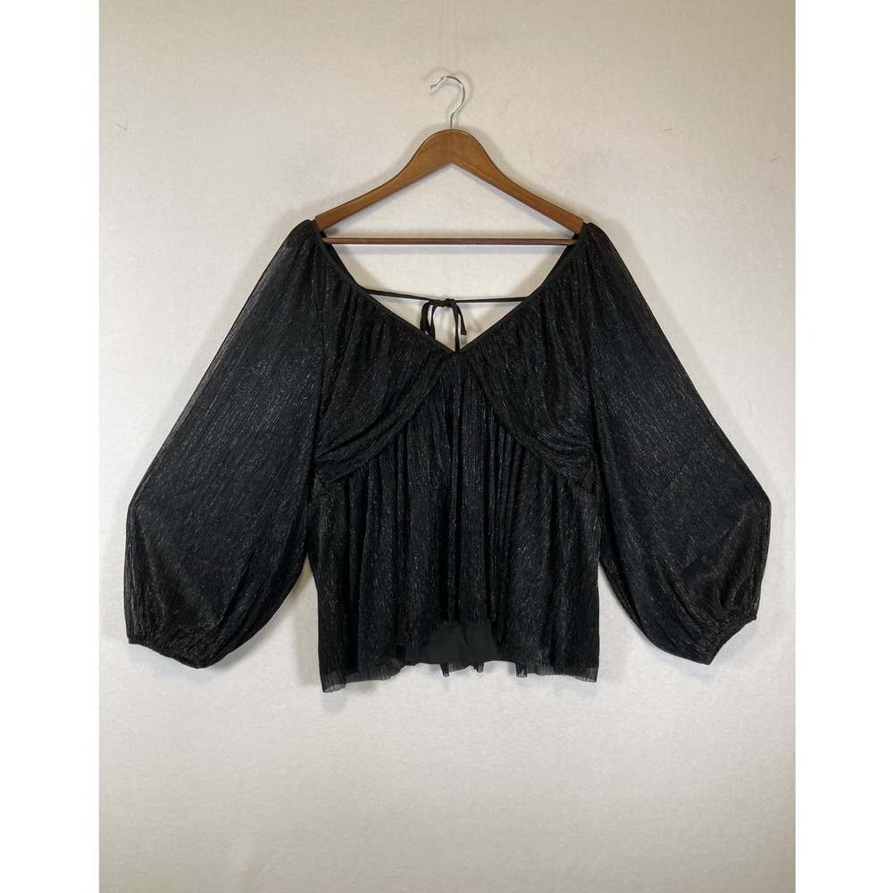Party Glam Express Womens XL Black Metallic Plissé Balloon Sleeve Tie Back Top